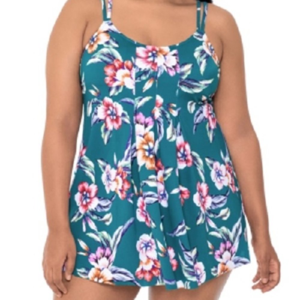 NWT! Swim Solutions Multi Color Floral Swimdress Swimsuit Plus 26W NEW! E1